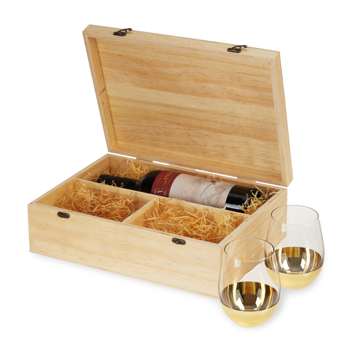 Twine Wine Bottle Gift Box - Wood Wine Box with Lid, 2 Stemless Wine Glasses,  and Packing Straw