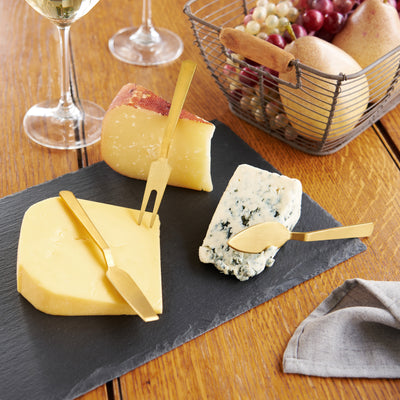 THREE ESSENTIAL CHEESE KNIVES - Upgrade your cheese tastings with these three gold knives, including a fork-tipped spear knife for crumbling aged cheeses, a mini-cleaver for hard cheeses and a soft cheese spreader.