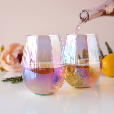 LUSTROUS RAINBOW GLASSWARE - Make every happy hour special with this brilliant set of sparkling stemless wine glasses. Perfect for entertaining or for a quiet party of two, this beautiful glassware will add some shine to your wine.