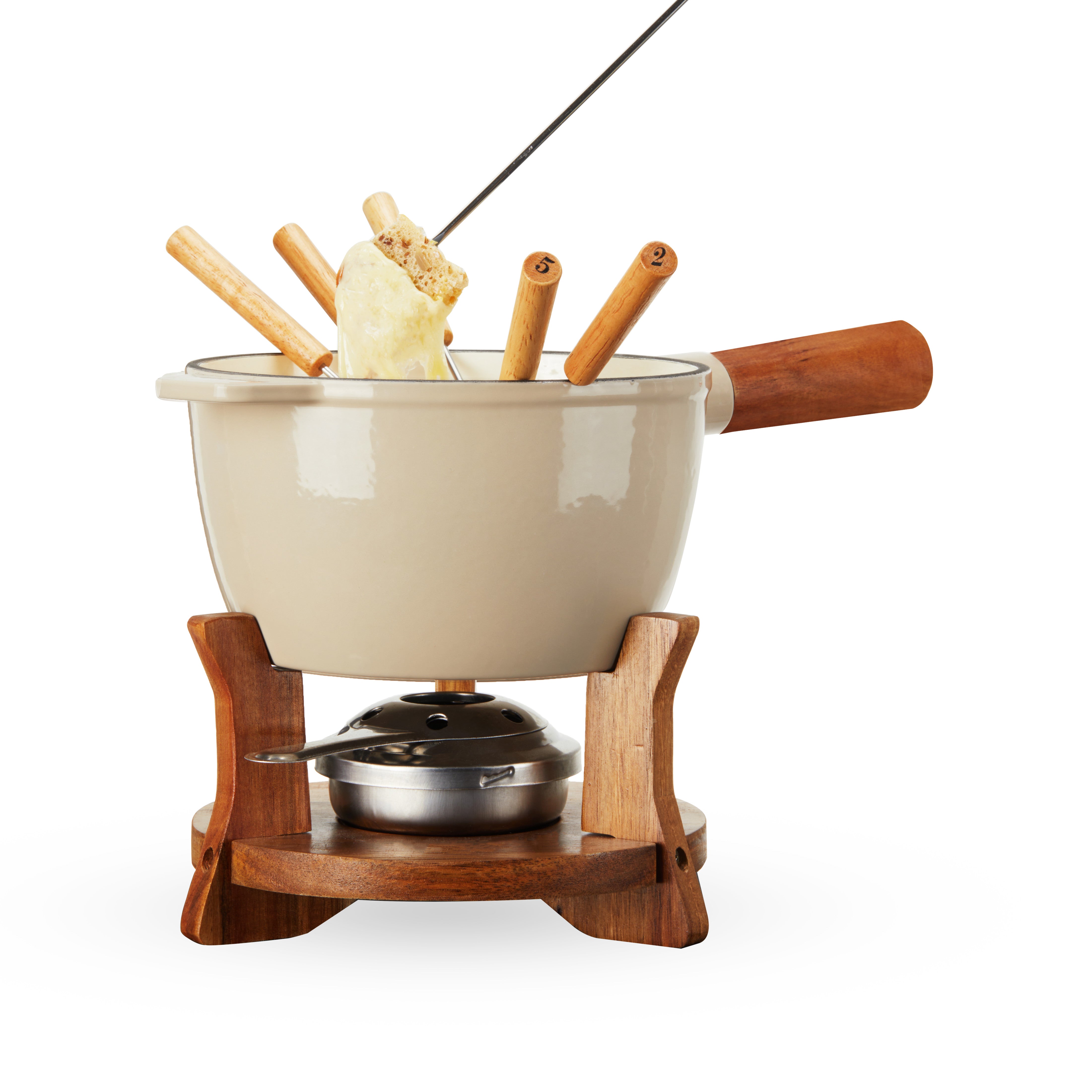 Wood and Cast Iron Fondue Set in Beige - Thumbnail 2