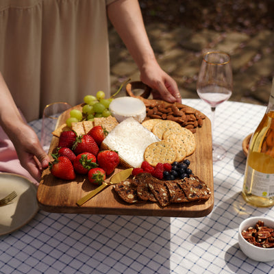 WOODEN APPETIZER SERVING TRAY - Serve your favorite appetizers on a gorgeous large cutting board. This wood tray serving board also serves as a vegetable cutting board, making it a versatile addition to your charcuterie boards accessories.