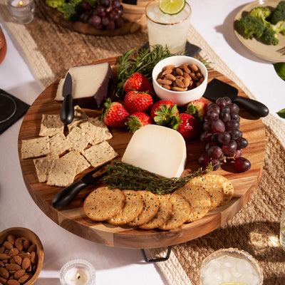 WOOD SERVING BOARD AND CHEESE KNIVES SET - Serve your favorite appetizers on a gorgeous round cutting board. This cheese and charcuterie board and accessories including cheese and charcuterie knife set is perfect as a cheese snack tray.