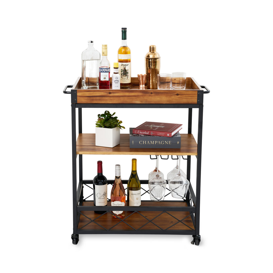 Twine Modern Manor Bar Cart, Wheeled Rustic Industrial Portable