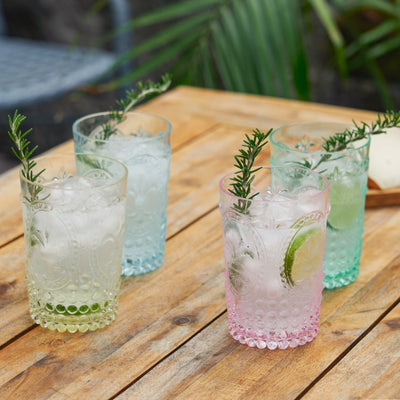 COLORFUL SHATTERPROOF DRINKING GLASSES – Drink in style with these durable acrylic drinking glasses. Crafted from high-quality acrylic, these shatterproof tumblers are embossed with delicate patterns while a smooth rim creates the perfect sip.