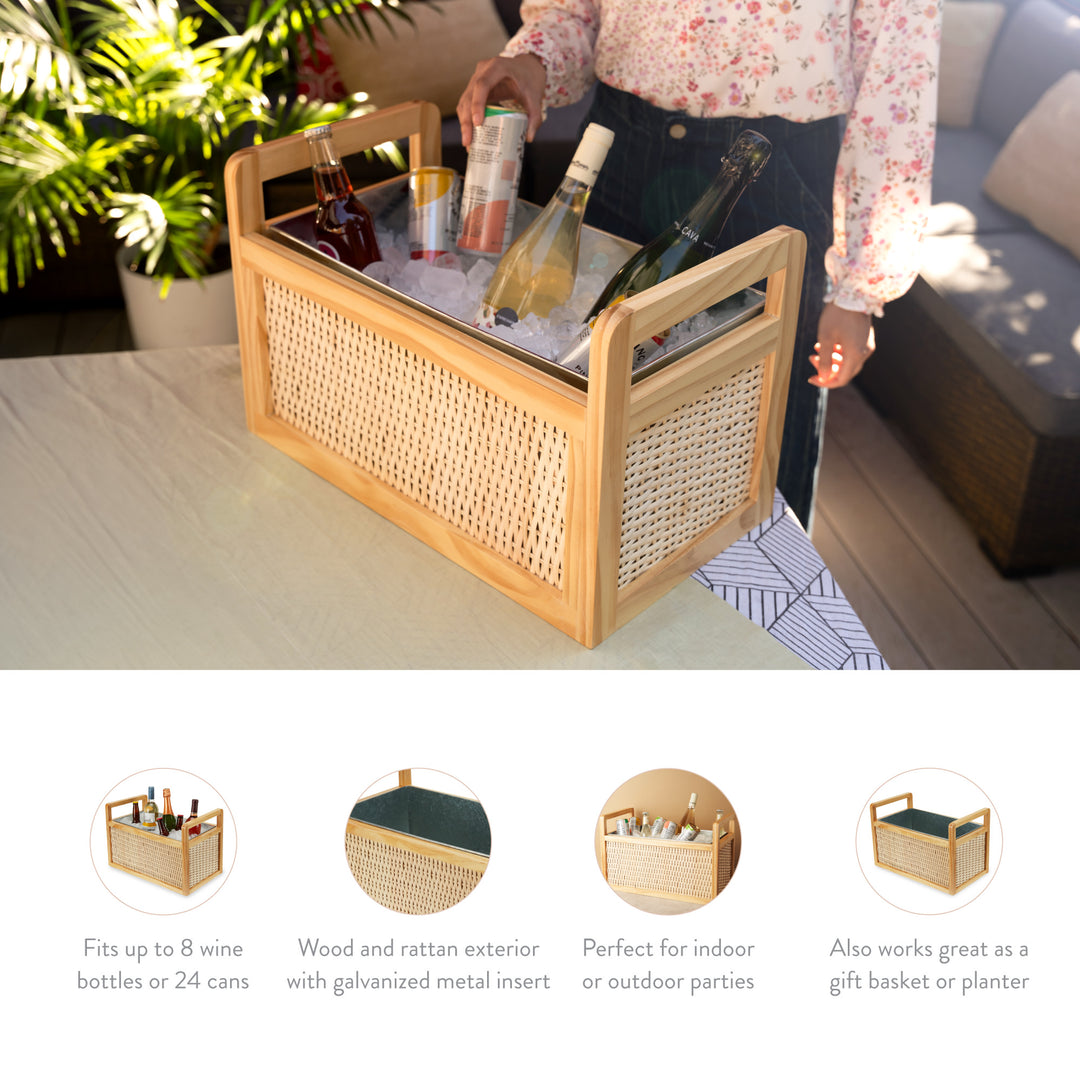 Twine Rattan and Wood Bottle Cooler Basket, Beverage Tubs for