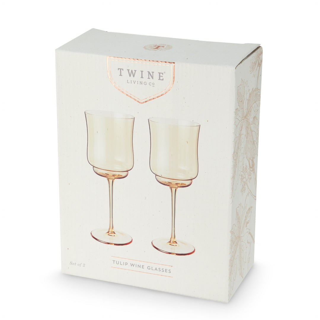 Twine Tulip Wine Glasses, Gold Amber Tinted Drinking Tumblers Stemmed Red  or White Wine Glasses, Yellow Brown, 14 Oz, Set of 2  Twine Living