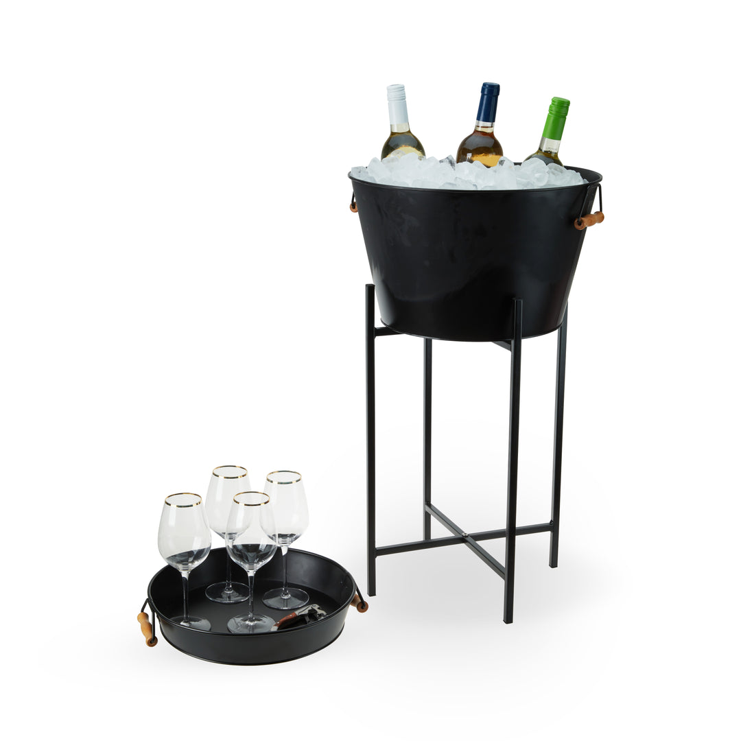 Twine Black Beverage Tub with Collapsible Stand, Large Metal