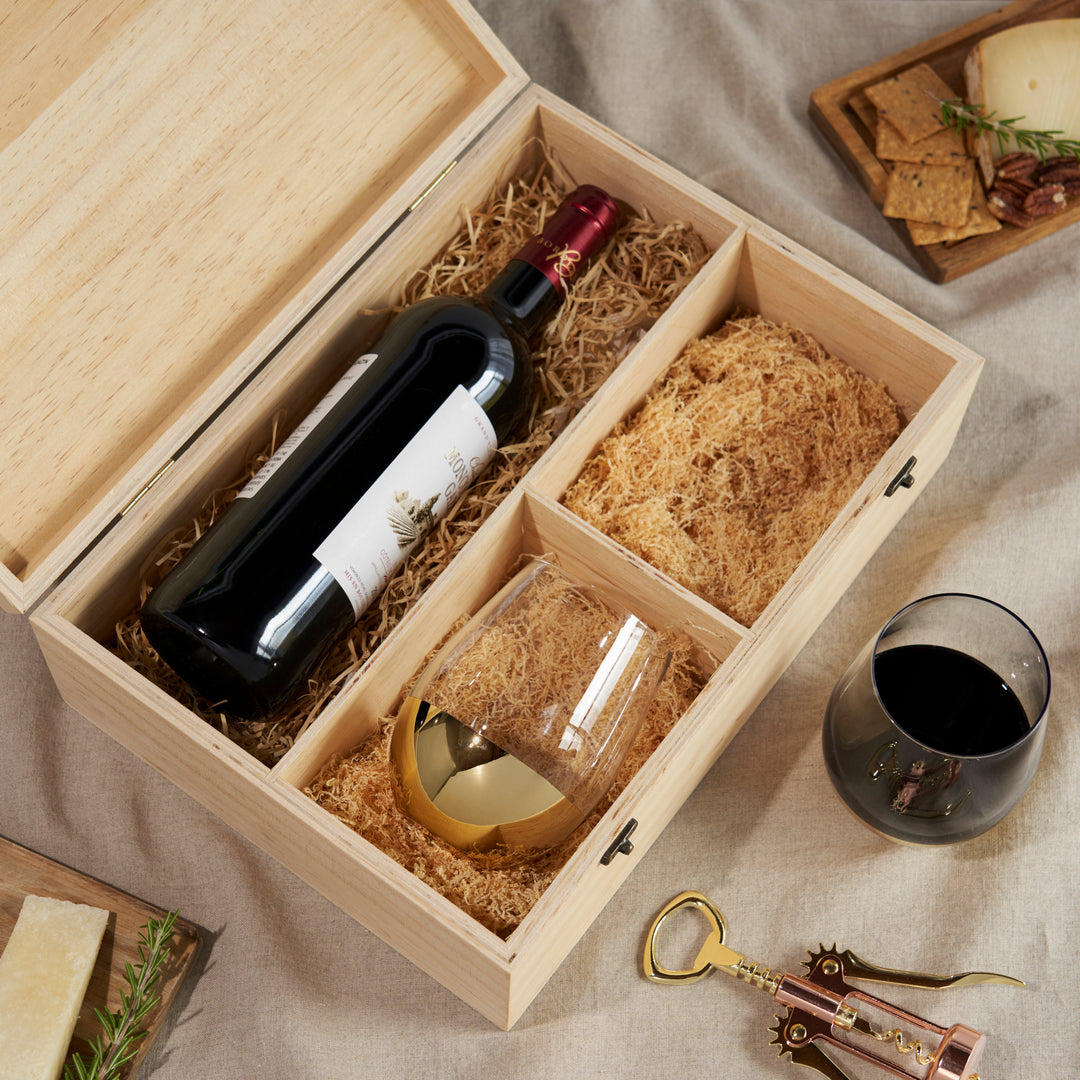 Twine Wine Bottle Gift Box Wood Wine Box with Lid 2 Stemless Wine Glasses and Packing Straw Holds 1 Standard Bottle of Champagne or Wine Twine Living