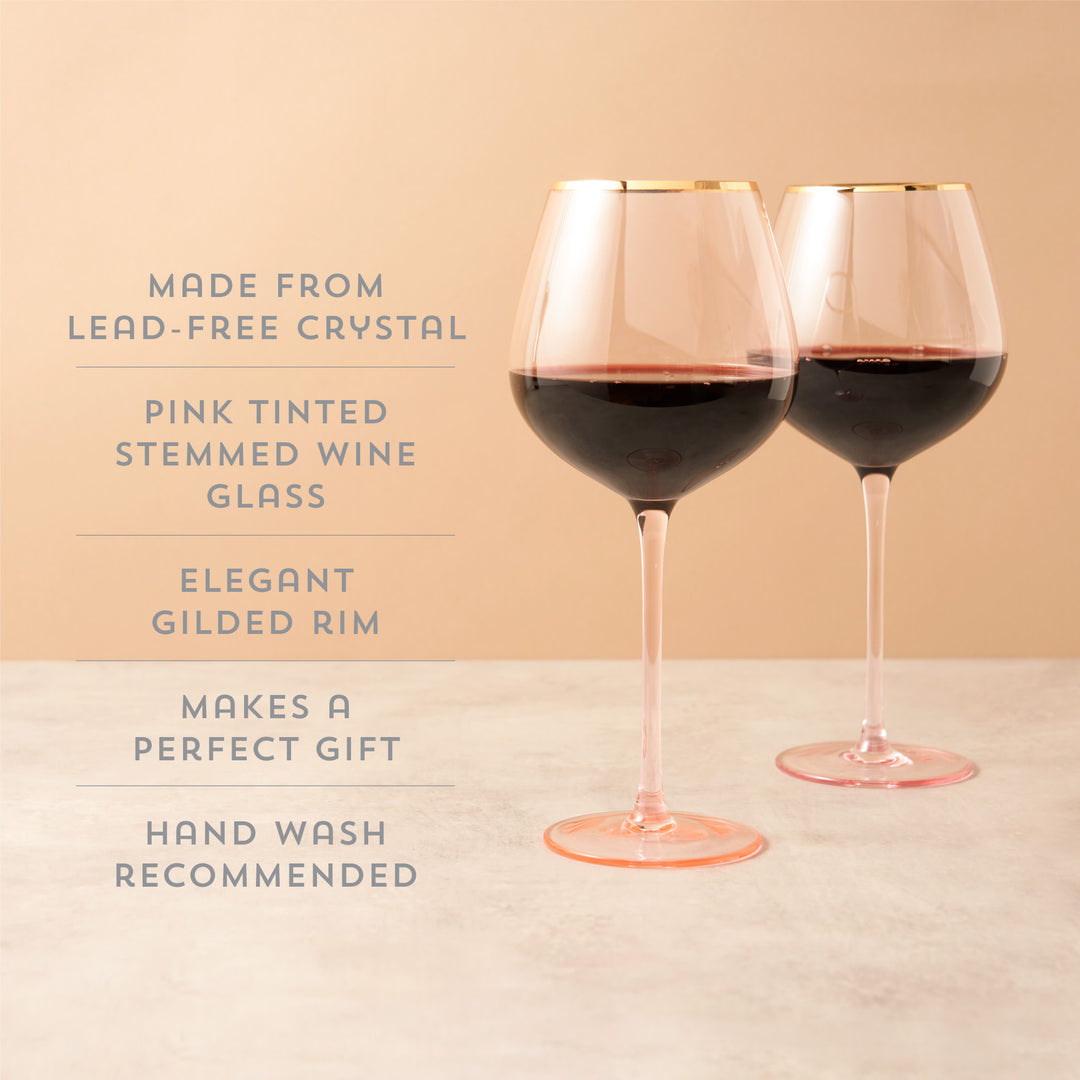 Twine Rose Red Wine Glasses, Lead-Free Crystal, Pink Tinted Wine Glasses  with Gold Rim, Long Stem Glassware Set for Wedding, Housewarming,  Anniversary, Birthday Gifts, Home Bar, 20 oz, Set of 2 –