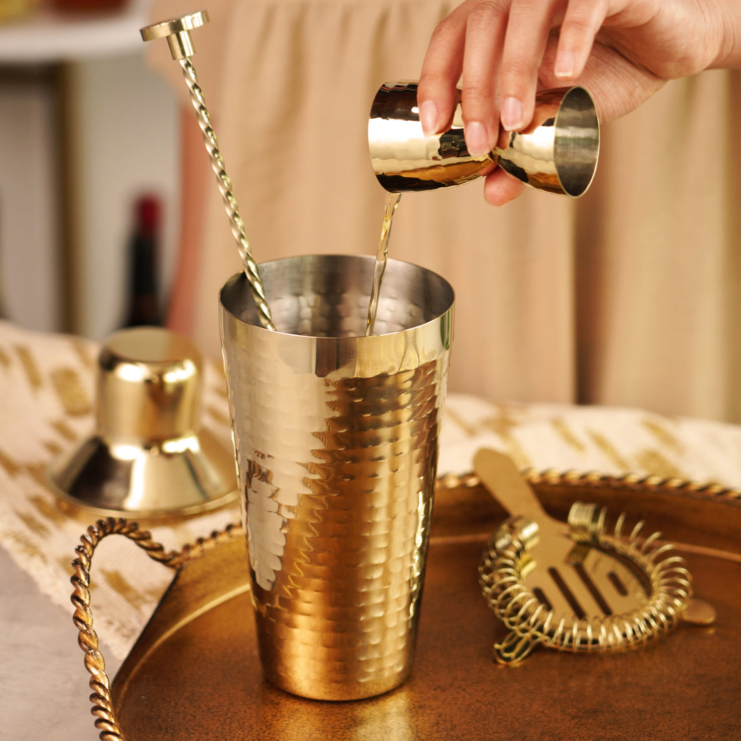 Twine 4-Piece Gold Hammered Cocktail Shaker Set Includes Cobbler