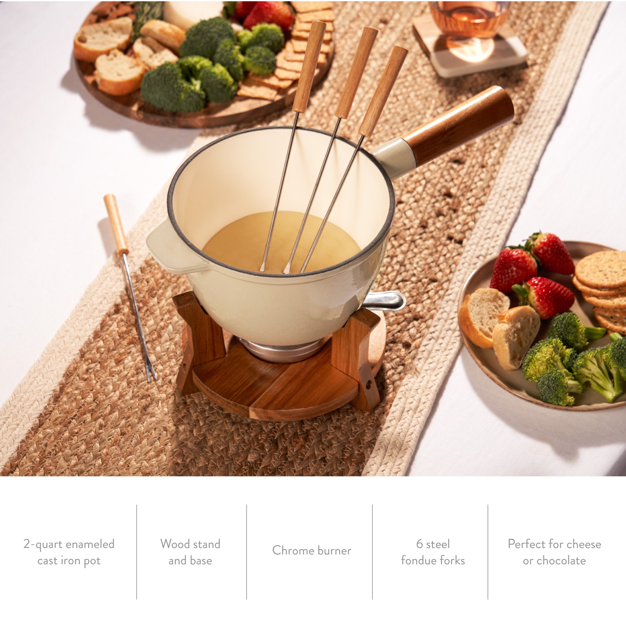Wood and Cast Iron Fondue Set in Beige - Thumbnail 4