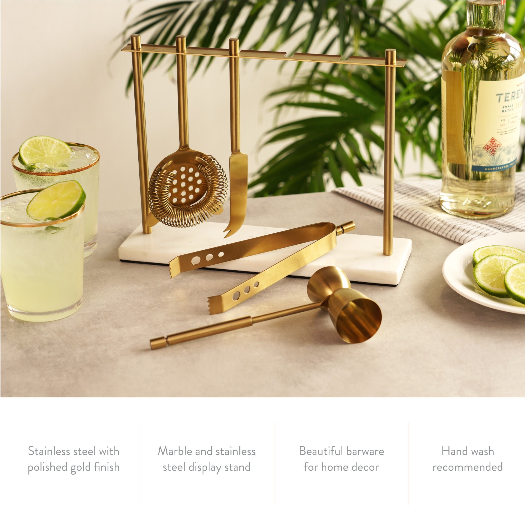 4-Piece Bar Tool Set in Gold with Marble and Stainless Steel Stand - Thumbnail 3