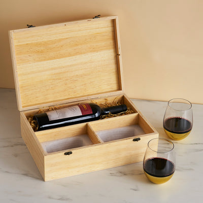 UPGRADE YOUR WINE BOTTLE GIFTING - This wooden wine box elevates the usual gift bottle experience beyond the basic wine bag. Complete with metal latches and packing straw, this wine bottle box is a classy way to gift a special bottle.