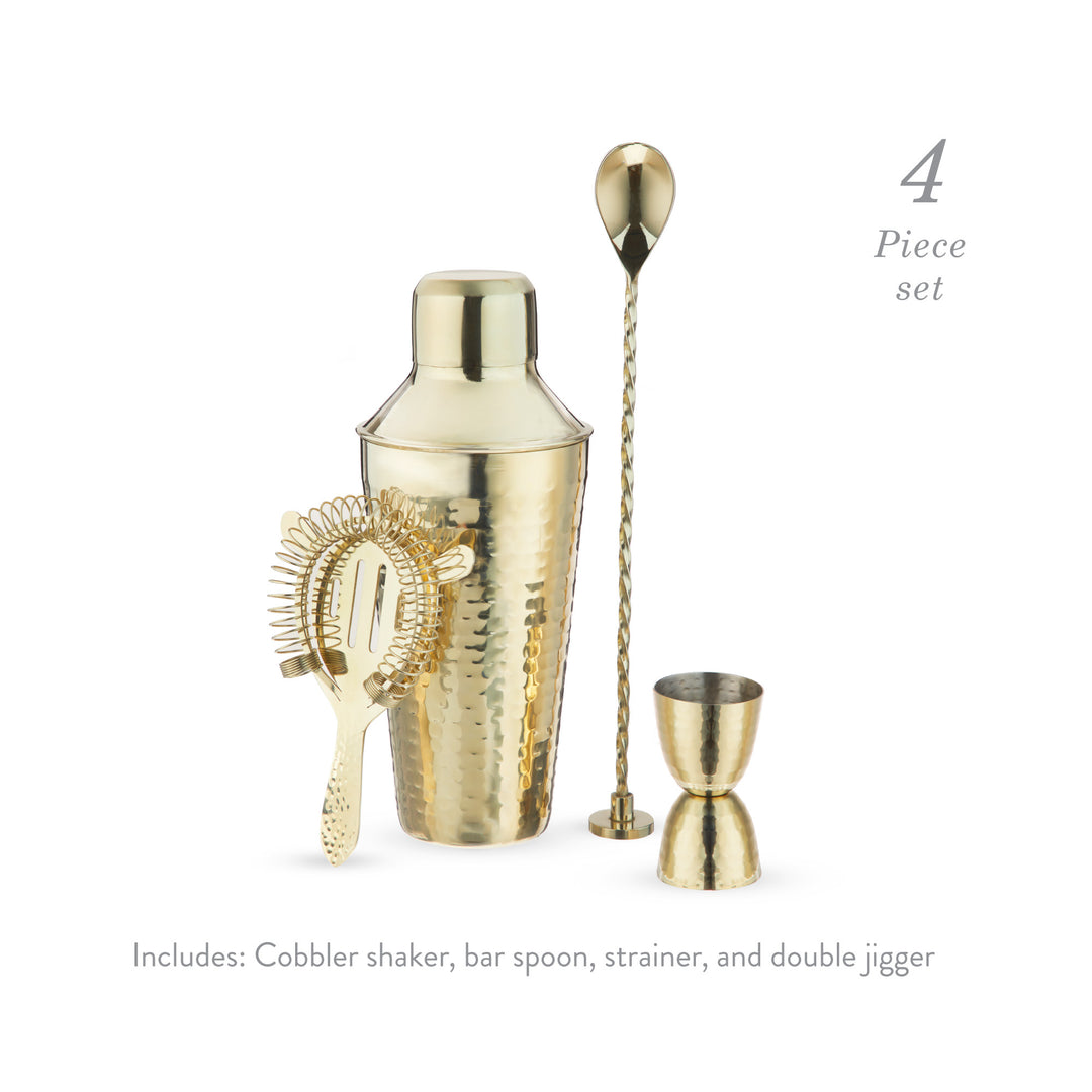 Twine 4-Piece Gold Hammered Cocktail Shaker Set Includes Cobbler Shaker, Strainer, Jigger, Bar Spoon for Classic Cocktails, Mixed Drinks, Cold Brew, Home Bar Tools, Bartender Kit, Bar Cart Accessories – Twine Living