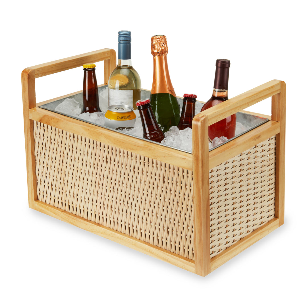 Twine Rattan and Wood Bottle Cooler Basket, Beverage Tubs for