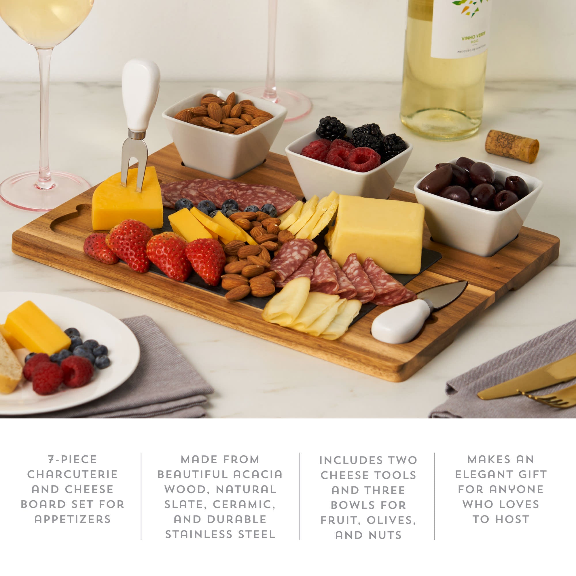 Acacia & Slate Cheese Board Set with Ceramic Bowls - Thumbnail 5