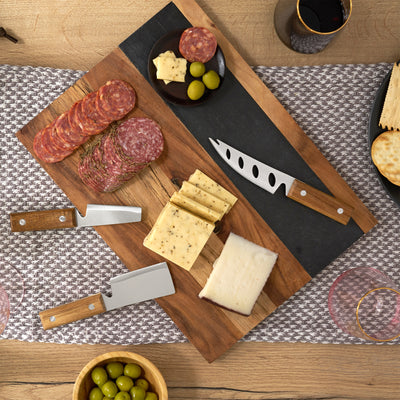 THREE ESSENTIAL CHEESE AND CHARCUTERIE TOOLS - Upgrade your cheese tastings with these stainless steel knife set, including a small spreader brie knife for soft cheeses, a narrow blade, and a flat chisel hard cheese knife.