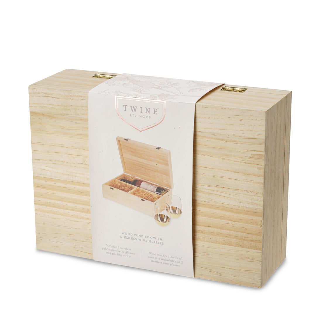 Twine Wine Bottle Gift Box - Wood Wine Box with Lid, 2 Stemless Wine Glasses,  and Packing Straw