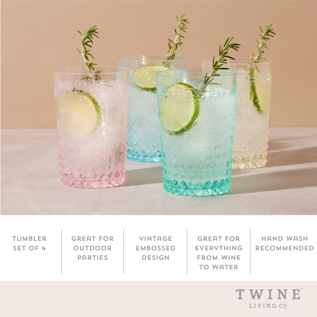 Twine Embossed Acrylic Colorful Drinking Glasses, Durable Shatterproof  Tumblers for Cocktails, Wine, Juice, Water, Perfect for Outdoor Parties,  BBQs, Poolside & Patio, 10.5 oz, Set of 4, Assorted – Twine Living