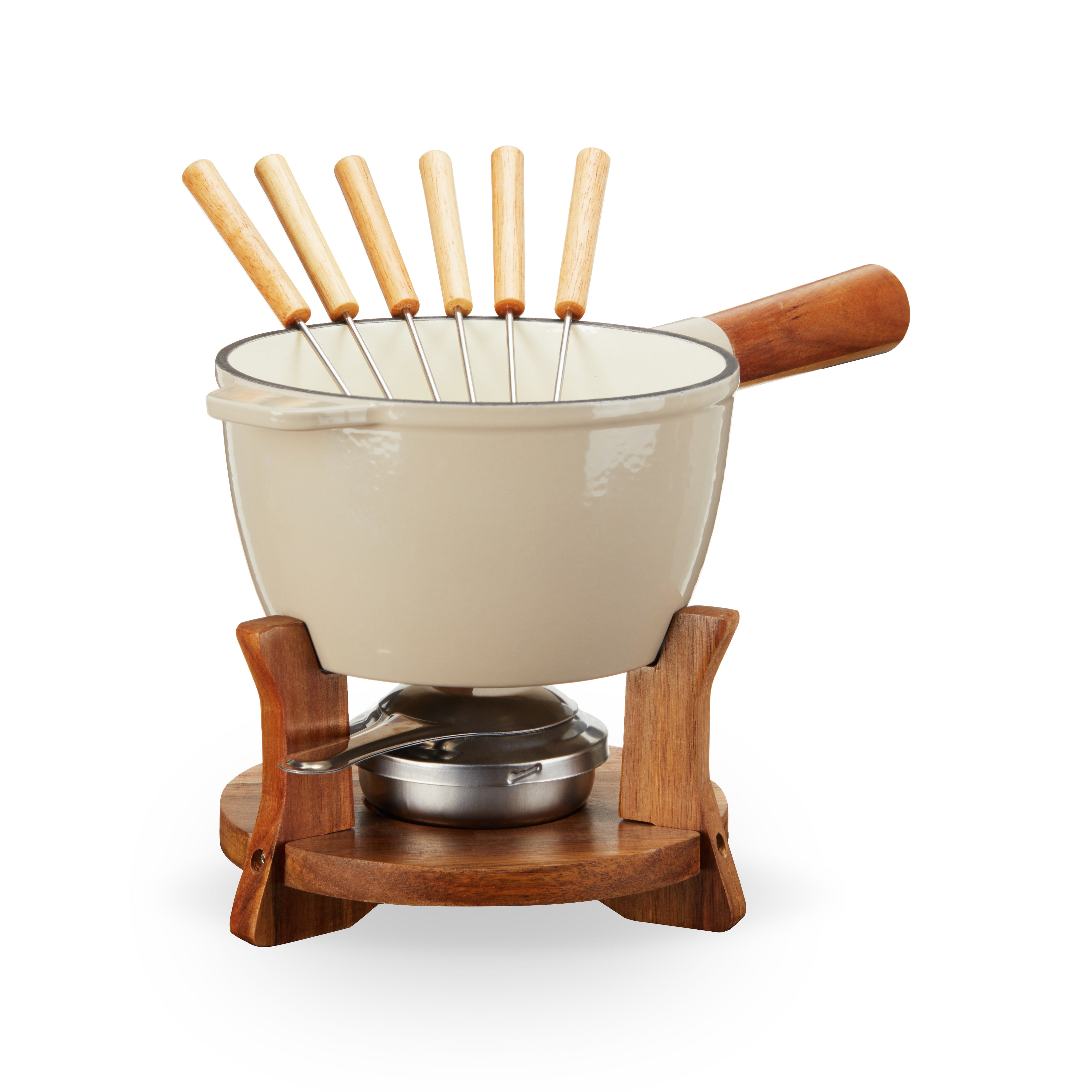 Wood and Cast Iron Fondue Set in Beige - Thumbnail 3