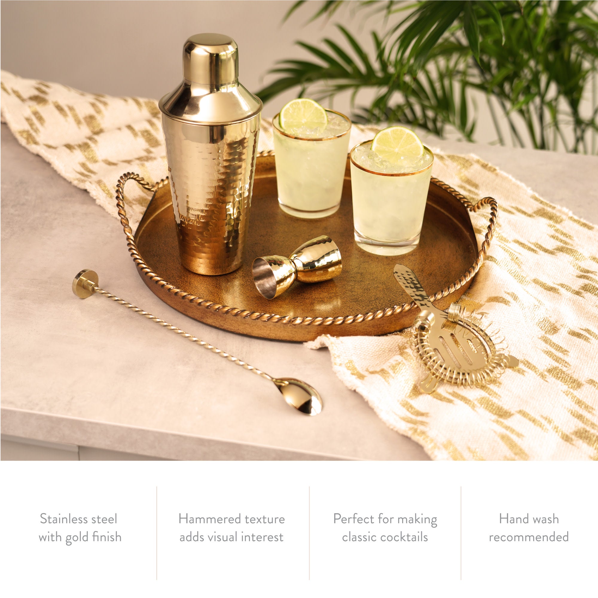 Twine 4-Piece Gold Hammered Cocktail Shaker Set Includes Cobbler