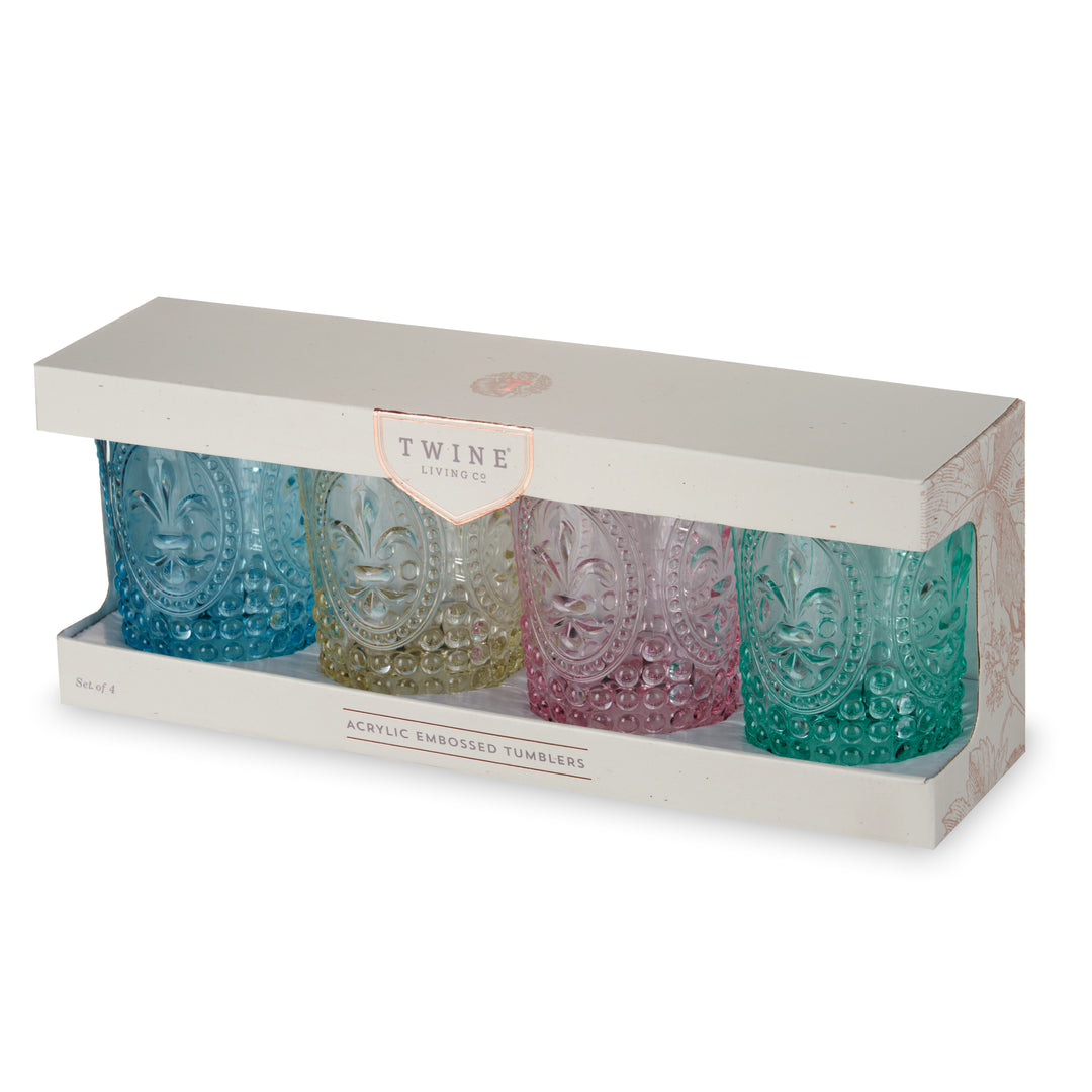 Twine Embossed Acrylic Colorful Drinking Glasses, Durable Shatterproof  Tumblers for Cocktails, Wine, Juice, Water, Perfect for Outdoor Parties,  BBQs, Poolside & Patio, 10.5 oz, Set of 4, Assorted – Twine Living