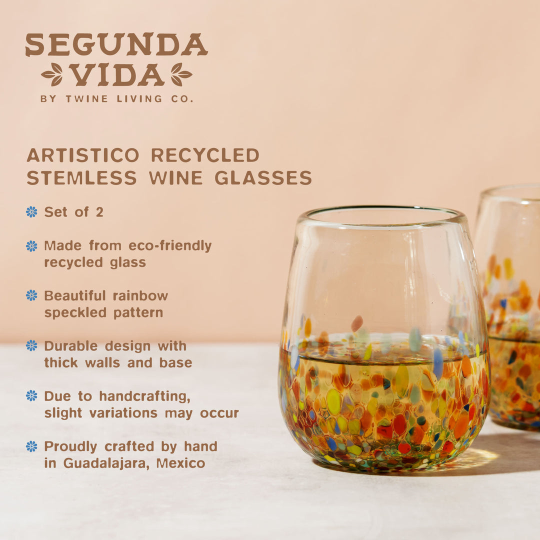 Segunda Vida Artistico Hand Blown Stemless Wine Glasses, Recycled Drinking  Glasses with Rainbow Speckled Pattern, Mexican Glassware for Wedding Gifts,  Housewarming, Cocktail Party, 13 oz Set of 2 – Twine Living