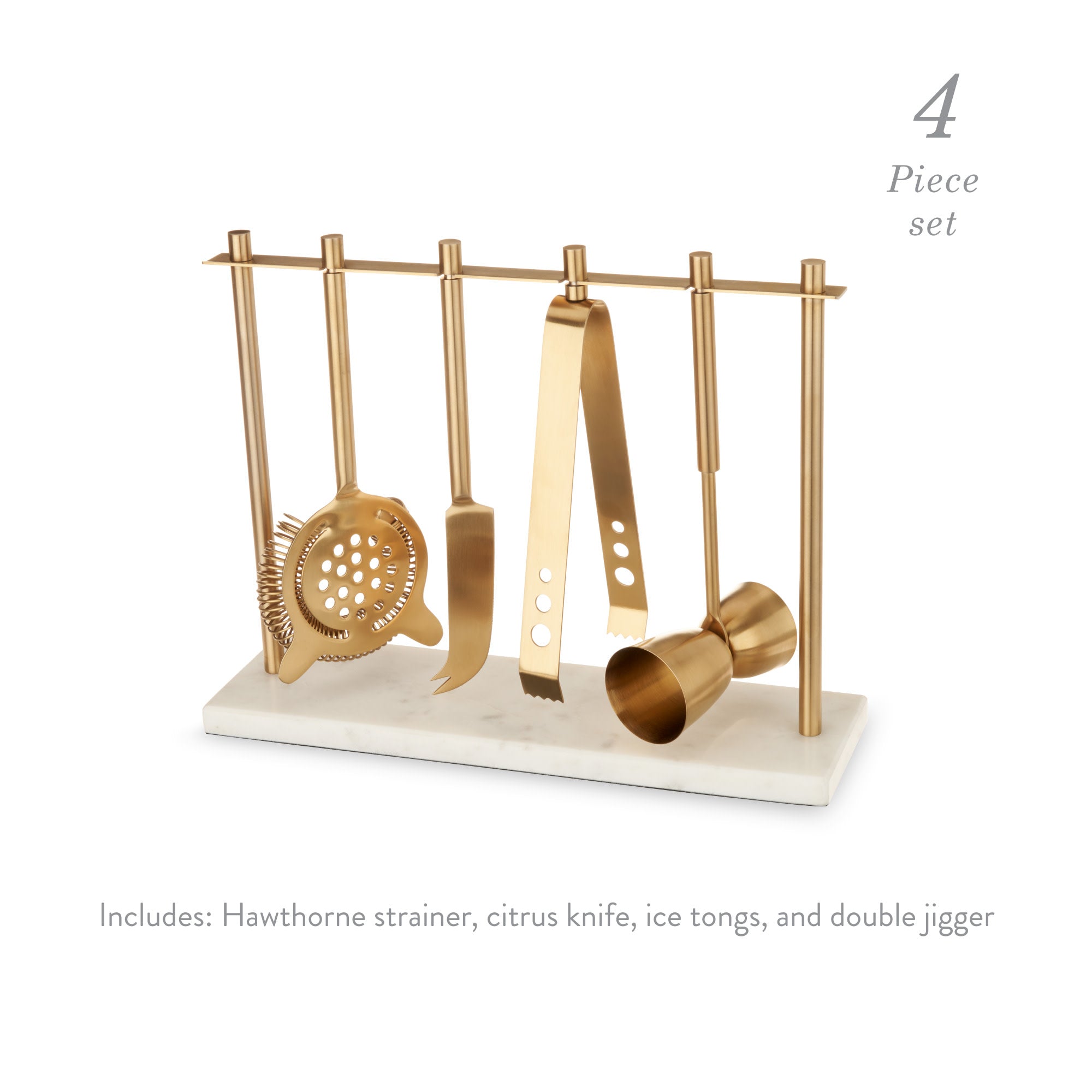 4-Piece Bar Tool Set in Gold with Marble and Stainless Steel Stand