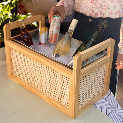 GORGEOUS RATTAN WOOD AND METAL TUB FOR DRINKS  - This beautiful rattan wood and galvanized metal bottle cooler fits in with vintage-styled kitchens or modern farmhouse decor. Metal beverage tubs for parties make hosting easy.