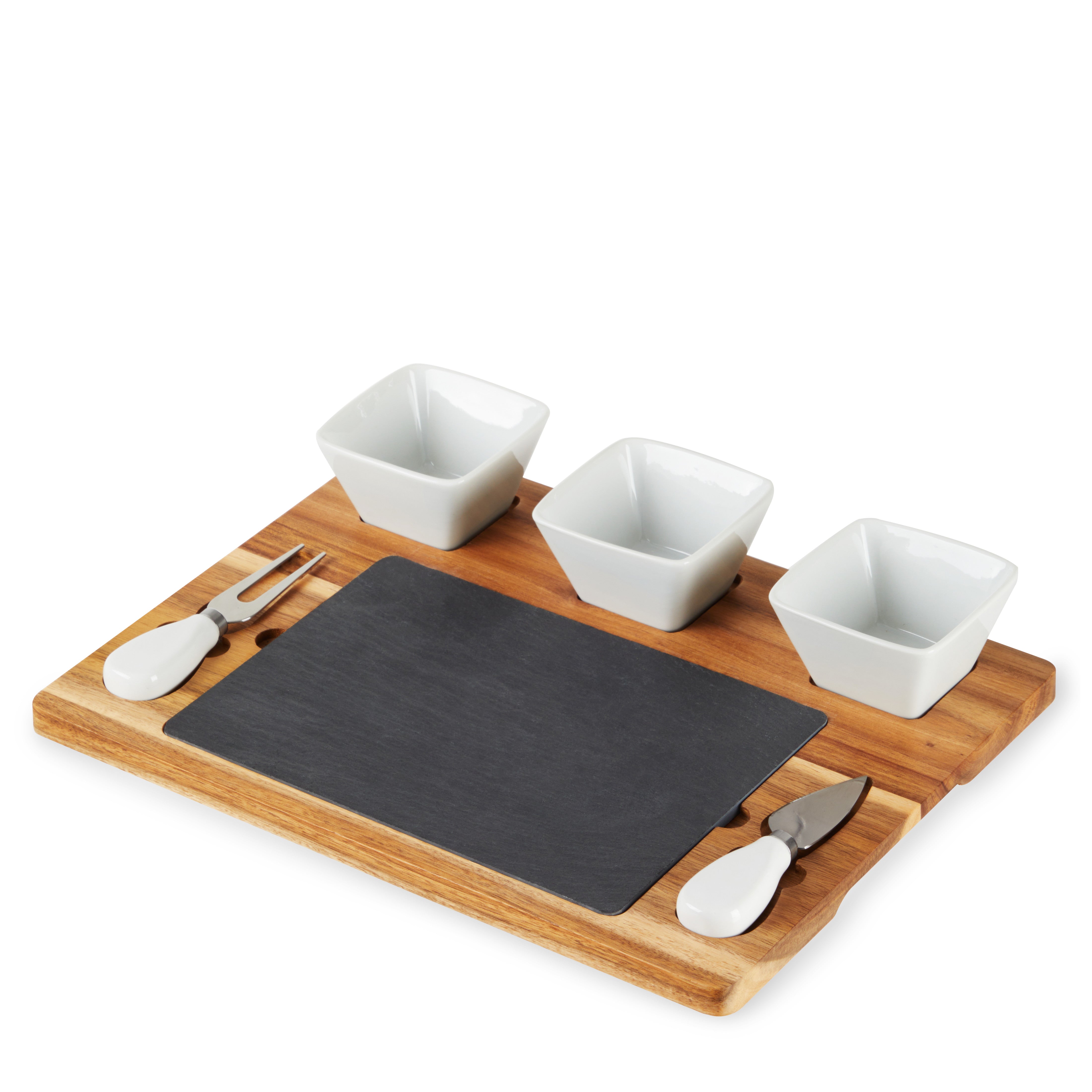 Acacia & Slate Cheese Board Set with Ceramic Bowls - Thumbnail 2
