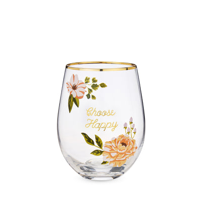 CHOOSE HAPPY WINE GLASS - Put on a happy face! This cute gilded stemless wine glass is adorned with pink flowers and reads “Choose Happy” in gold lettering so you can remember to keep your spirits up. The cheerful blooms will always make you smile.
