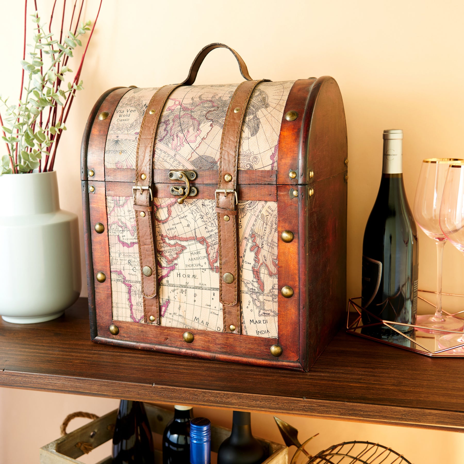 Vintage Brass and Wood Wine Bottle Coaster