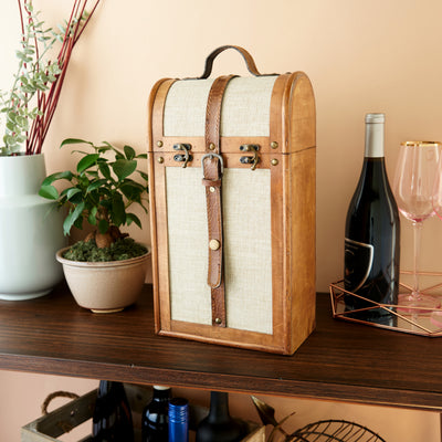UPGRADE YOUR WINE BOTTLE GIFTING - This vintage trunk style wooden wine box elevates the usual gift bottle experience beyond the basic wine bag. Also works as a great storage solution in your home, keeping bottles away from light. 14.5" H x 8.5" W x 6" D.
