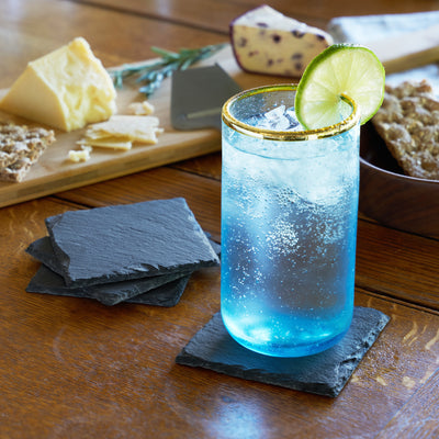 MINIMALIST AESTHETIC SLATE COASTERS - Add a modernist look to your house or bar with these smooth square slate coasters with natural edges. These coasters have a no scratch velvet backing that can be placed on any surface without damaging it.
