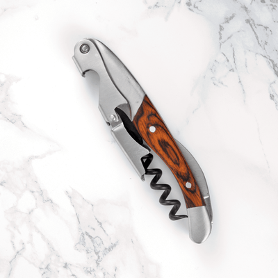 THE CLASSIC WINE KEY - Where form meets function. Our double-hinged waiter's corkscrew sports a bottle opener, serrated wine bottle foil cutter, 5-turn non-stick worm, and classic wood inlay handle. This corkscrew belongs on your bar cart.