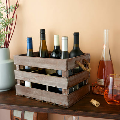 FARMHOUSE CHIC and rustic design are embodied in this wooden wine crate. Rope handles complete the look and turn this wood crate into a functional storage piece.