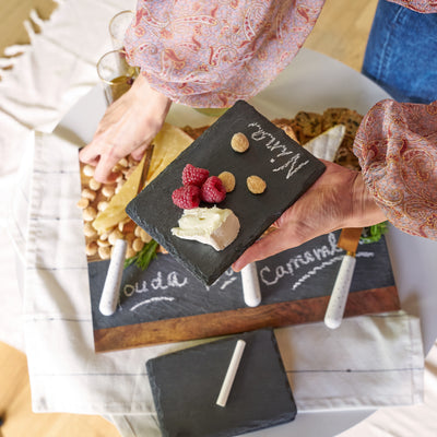 ENJOY TREATS, APPETIZERS AND HORS D'OEUVRES - Classy black slate makes food look enticing and adds flair to your serveware. We recommend using these for dry food like cheese, fruit, crackers, meats, and olives. Perfect for charcuterie and cheese platters.