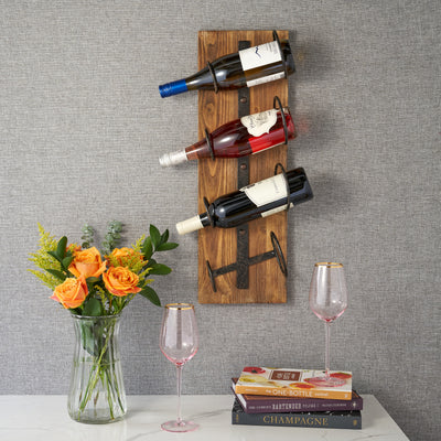 DISPLAY YOUR WINE - Showcase your wine in this beautiful rustic wood and metal wine rack. The elegant natural materials make a gorgeous background for your favorite bottles, and the sturdy wrought iron rings safely hold your wine. 8 x 23.15 inches.