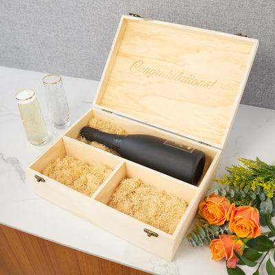 UPGRADE YOUR WINE BOTTLE GIFTING - This wooden wine box elevates the usual gift bottle experience beyond the basic wine bag. Complete with metal latches and packing straw, it’s a classy way to gift a special champagne bottle.