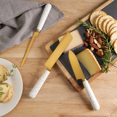 BEAUTIFUL STARRY KNIFE CERAMIC HANDLES - This set of four cheese knives sparkle. At once trendy and classic, this knife set fits in perfectly with a range of styles, from modern farmhouse to mid century modern and contemporary decor.