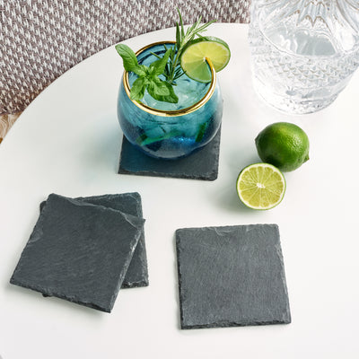 MINIMALIST AESTHETIC SLATE COASTERS - Add a modernist look to your house or bar with these smooth square slate coasters with natural edges. These coasters have a no scratch velvet backing that can be placed on any surface without damaging it.