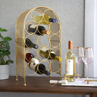 ELEGANT TABLETOP WINE RACK - This luxurious wine bottle holder looks right at home in any vintage-styled kitchen, or on any metal bar cart. The airy, open frame with delicate latticework brings lush texture and decadence to your wine storage.
