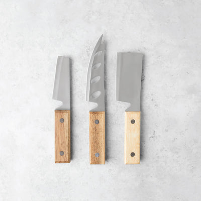THREE ESSENTIAL CHEESE AND CHARCUTERIE TOOLS - Upgrade your cheese tastings with these stainless steel knife set, including a small spreader brie knife for soft cheeses, a narrow blade, and a flat chisel hard cheese knife.