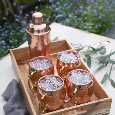 FESTIVE MULE MUG AND COCKTAIL SHAKER - This barware set includes 2 16 oz. Moscow Mule mugs and a 16 oz. cocktail shaker with a gorgeous copper finish! This stylish bar set is perfect for entertaining.