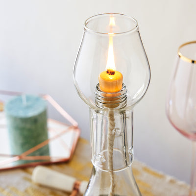 DIY HURRICANE LANTERN - Once it’s empty, turn your favorite wine or liquor bottle into a beautiful centerpiece with our Wine Bottle Hurricane Lamp. With an elegant glass chimney, ceramic stopper, and cotton wick, it adds rustic charm to your home.
