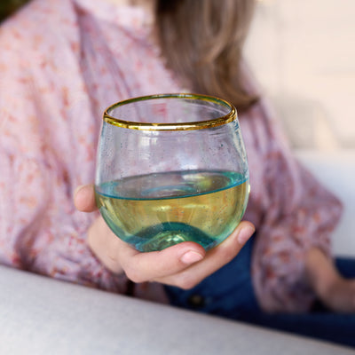 New Cute Flora Gold Pink Choose Happy Stemless Wine Glass by Twine